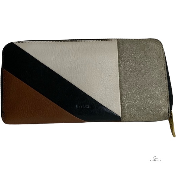Fossil Logan zip leather clutch black/brown - Picture 1 of 13